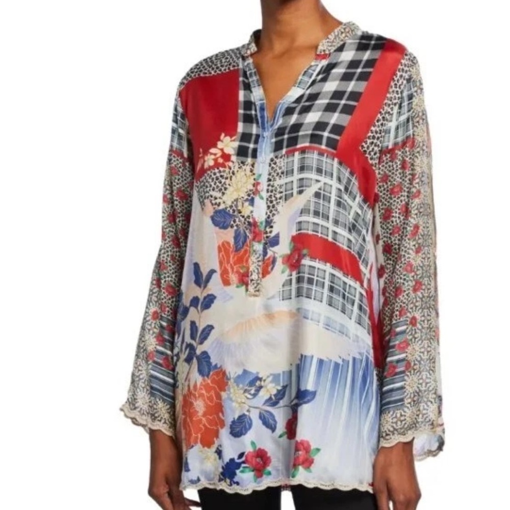 Johnny Was Ample Mixed Media Long-Sleeve Silk Tunic With Mandarin Collar PXL